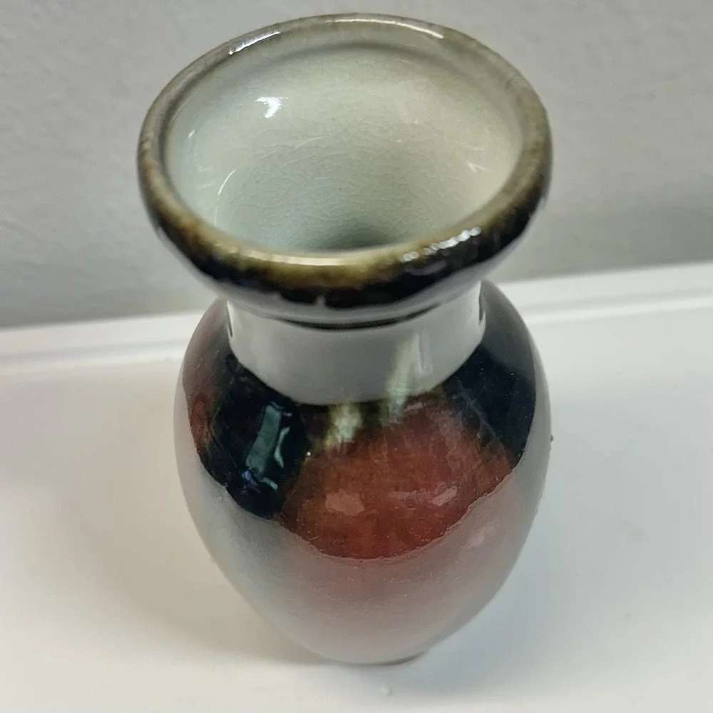 Vintage Studio Art Pottery Bud Vase Oxblood Red Black Drip Glaze 6
